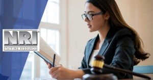 A female legal assistant reading a book and taking notes with a gavel next to her
